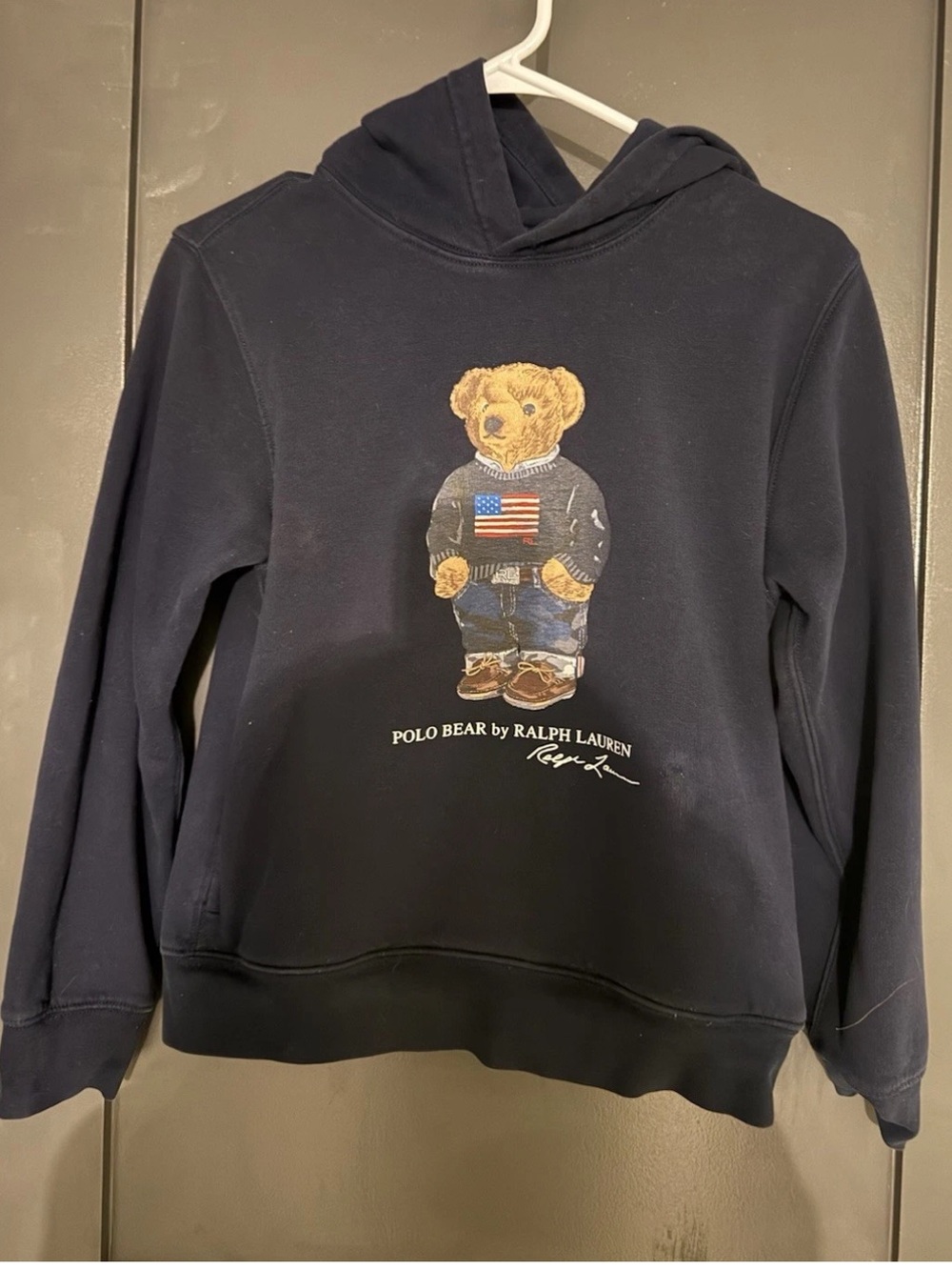 Polo by Ralph Lauren Navy Flag Sweater Bear Hoodie boys size large 14-16